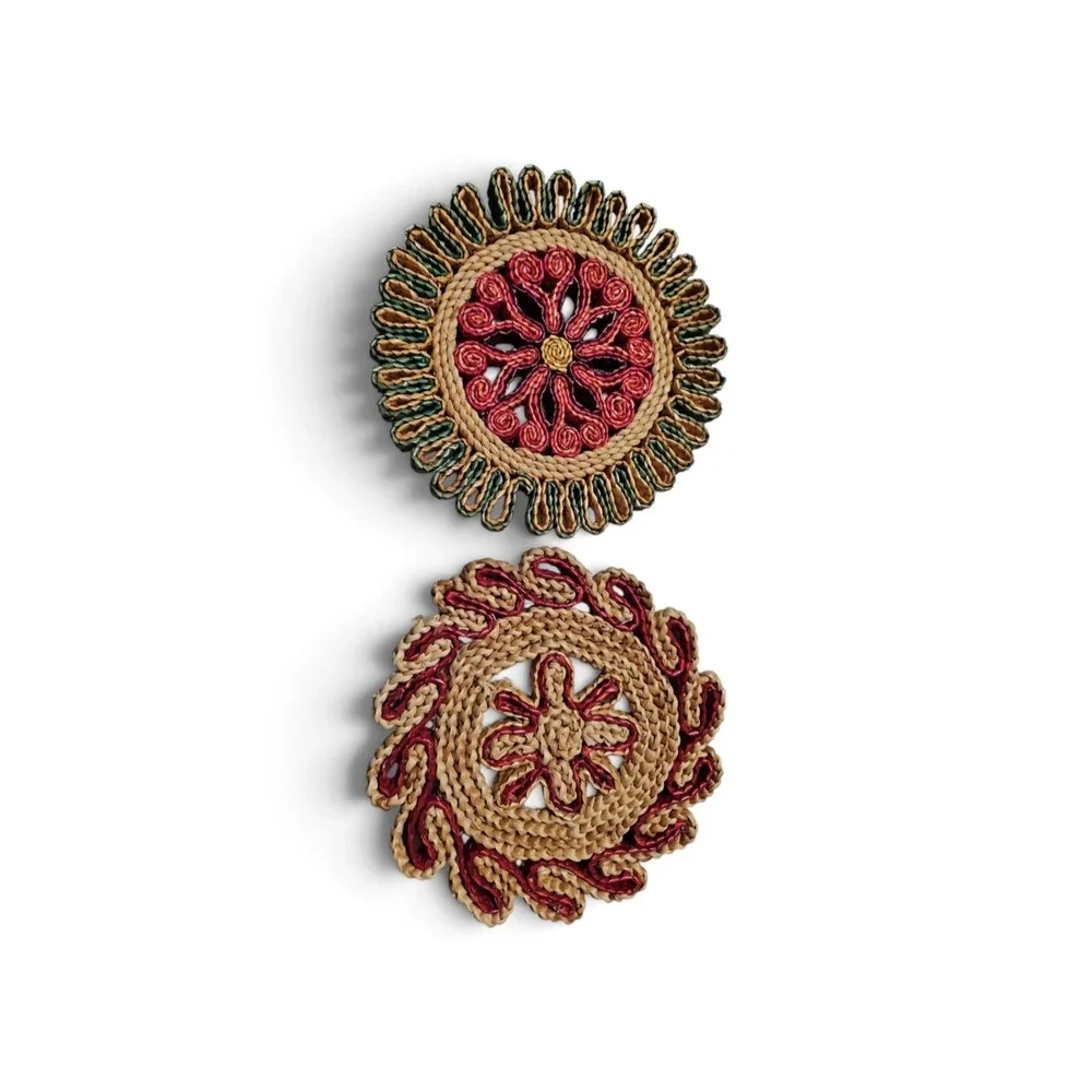Vintage Woven Raffia Trivets Set of 2 Boho Straw Hot Pads Floral Sunburst 0425